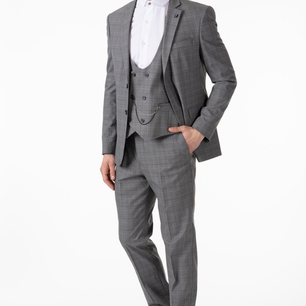 3 Piece Grey Plaid Check Suit 36R x 30W